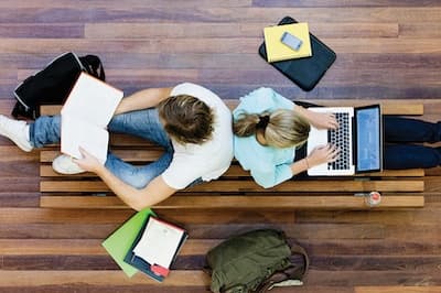 Students studying on bench