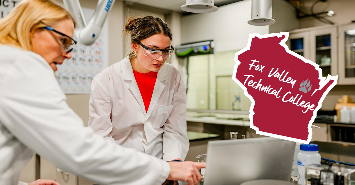 student and teacher discussing information on a computer in a science lab with Fox Valley Tech Wisconsin-Shaped Sticker