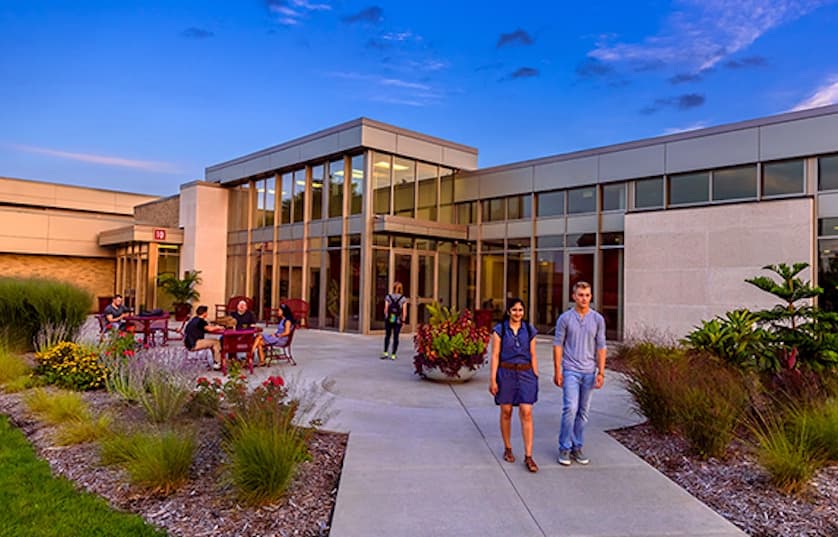 Students leaving entrance of building