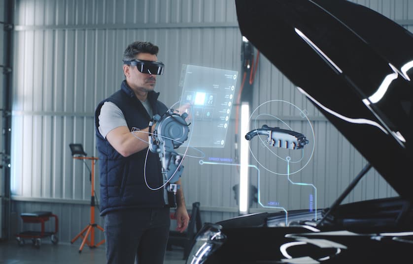 person using virtual reality glasses in front of car with open hood