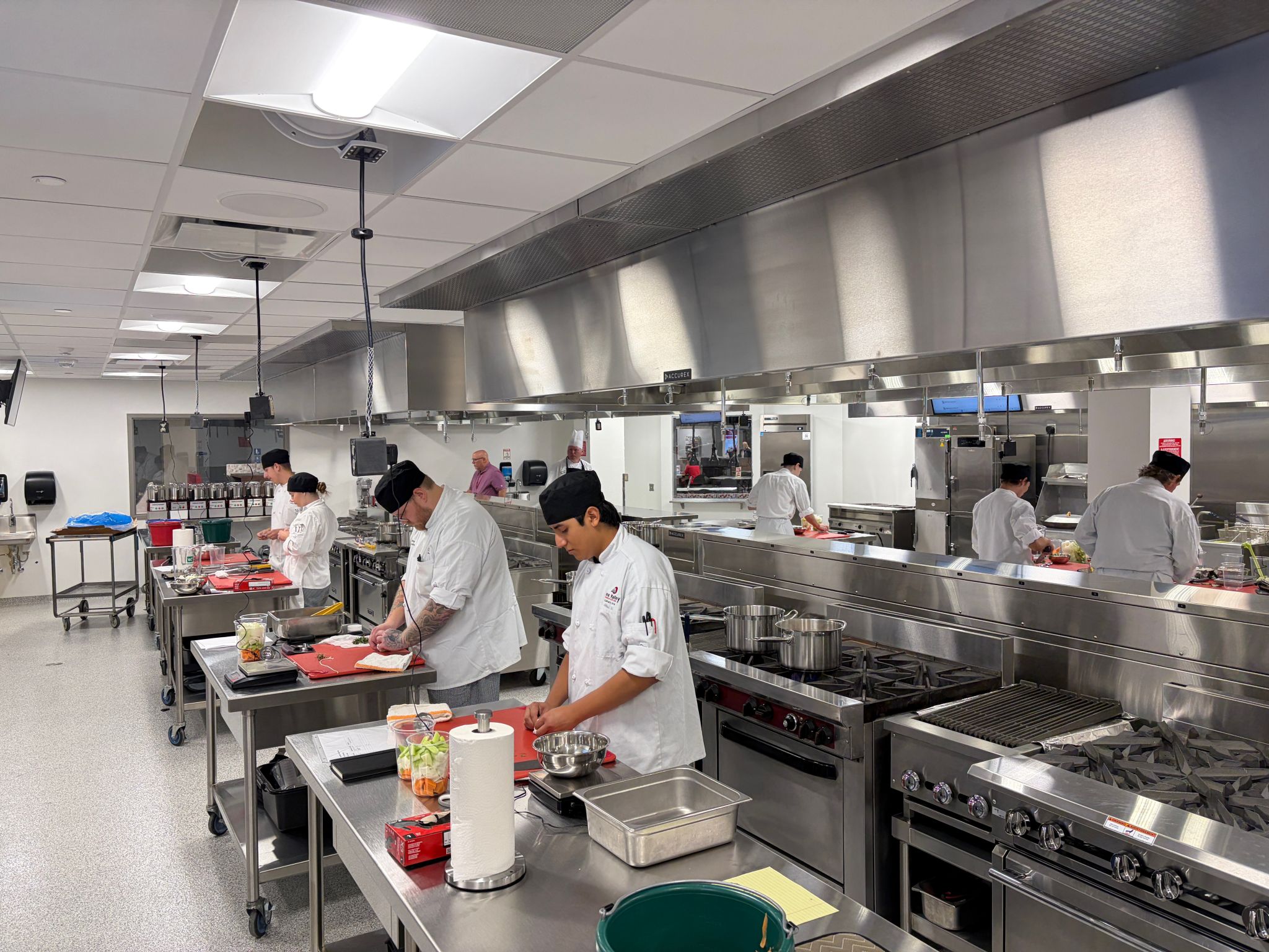 Culinary students working behind stainless steel tables