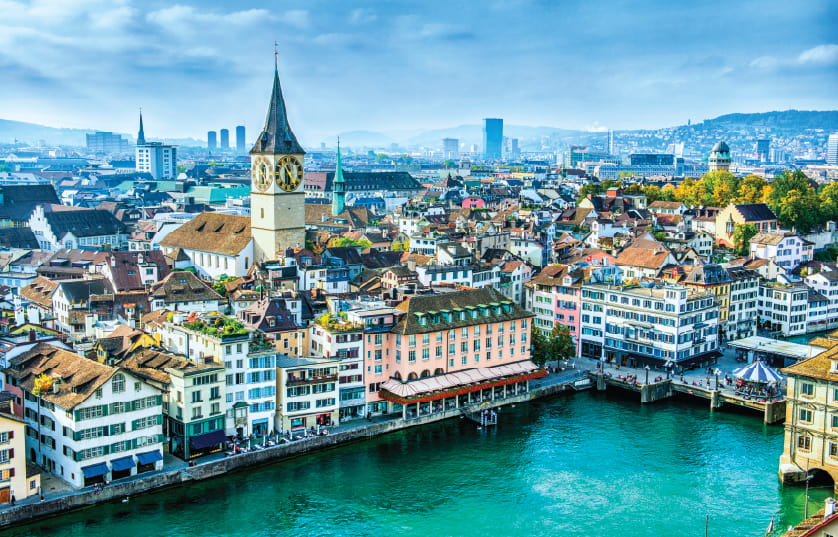 View of Zurich, Switzerland buildings and river from above  