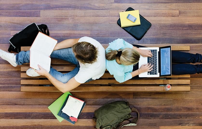 students studying on a bench