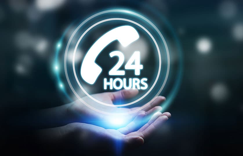 hands holding digital bubble with phone receiver and 24 hours written