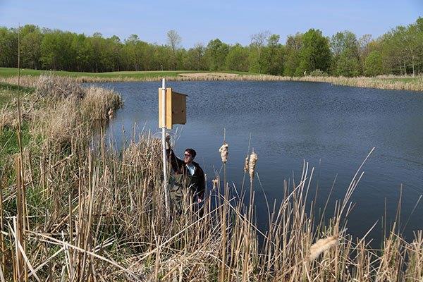 person in stocking cap checking bird house next to pond