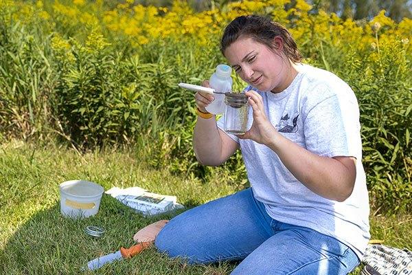 natural resources student working on a lab experiment outside