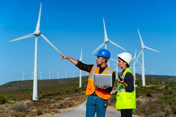coworkers evaluating wind energy turbines