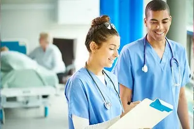 healthcare workers talking in hospital